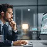 A concerned business owner looking at a malfunctioning website on a computer in a modern office, symbolizing website performance and maintenance issues.