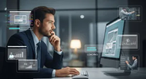 A concerned business owner looking at a malfunctioning website on a computer in a modern office, symbolizing website performance and maintenance issues.