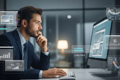 A concerned business owner looking at a malfunctioning website on a computer in a modern office, symbolizing website performance and maintenance issues.