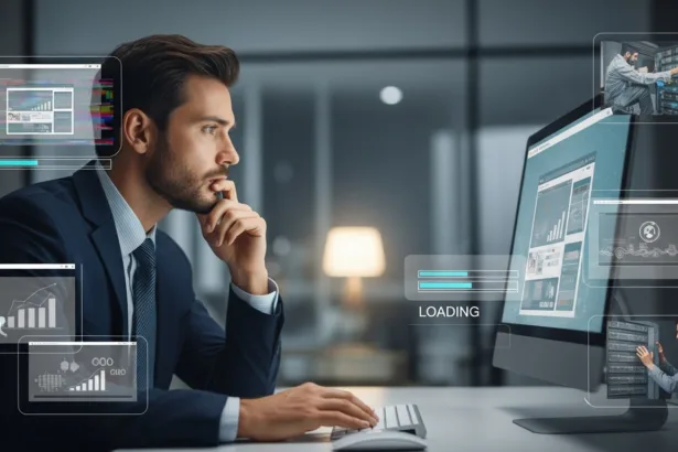 A concerned business owner looking at a malfunctioning website on a computer in a modern office, symbolizing website performance and maintenance issues.