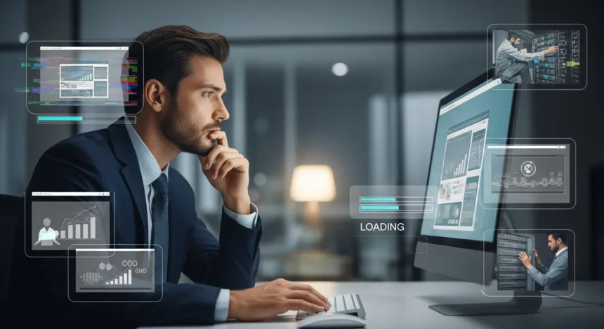 A concerned business owner looking at a malfunctioning website on a computer in a modern office, symbolizing website performance and maintenance issues.