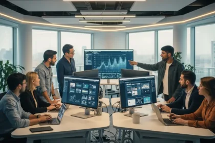 Web developers collaborating on responsive website design and analytics in a modern digital workspace, symbolizing business growth through web development strategies in 2025.