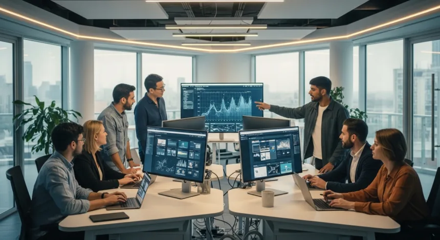 Web developers collaborating on responsive website design and analytics in a modern digital workspace, symbolizing business growth through web development strategies in 2025.