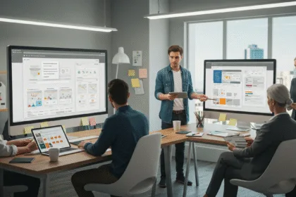 A professional web development team collaborating in a modern office with large monitors displaying sleek website and e-commerce designs in 2025