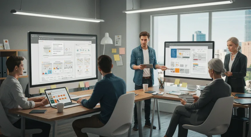 A professional web development team collaborating in a modern office with large monitors displaying sleek website and e-commerce designs in 2025