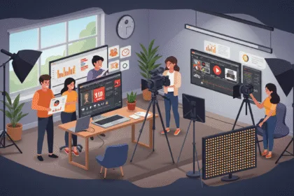 Marketing team creating high-converting video ads in a modern studio to boost business sales in 2025.