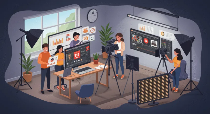 Marketing team creating high-converting video ads in a modern studio to boost business sales in 2025.