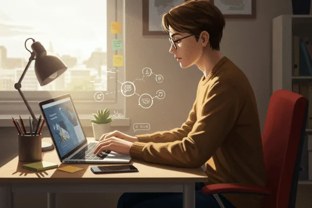 Beginners in 2025 working remotely on laptops and tablets, exploring freelancing, affiliate marketing, and digital side hustles in a bright home office.
