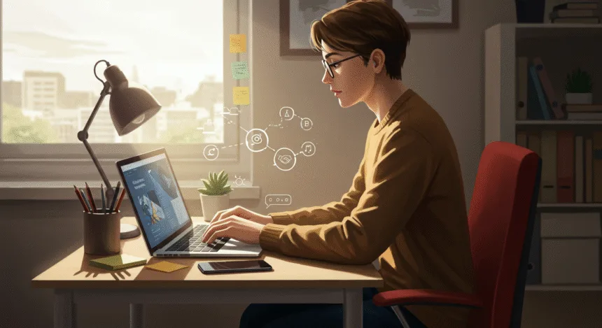 Beginners in 2025 working remotely on laptops and tablets, exploring freelancing, affiliate marketing, and digital side hustles in a bright home office.