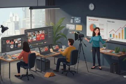 Marketing team creating high-converting video ads using AI tools to boost sales and engagement in 2025.