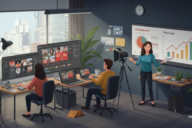 Marketing team creating high-converting video ads using AI tools to boost sales and engagement in 2025.