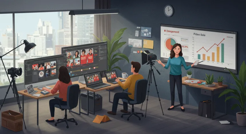 Marketing team creating high-converting video ads using AI tools to boost sales and engagement in 2025.