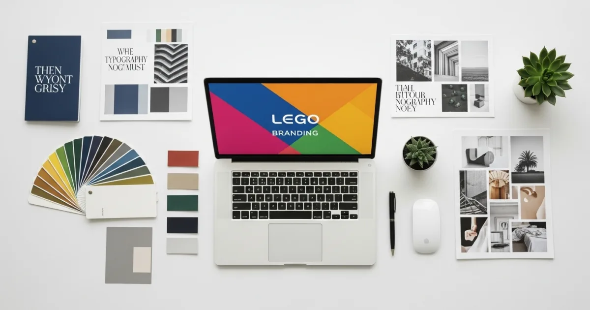 A creative designer’s workspace with a laptop, color palette, typography samples, and branding materials — representing modern graphic design for business growth.