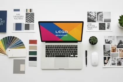 A creative designer’s workspace with a laptop, color palette, typography samples, and branding materials — representing modern graphic design for business growth.