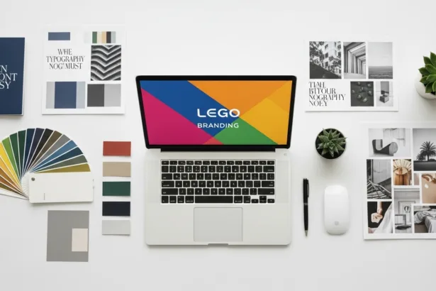 A creative designer’s workspace with a laptop, color palette, typography samples, and branding materials — representing modern graphic design for business growth.