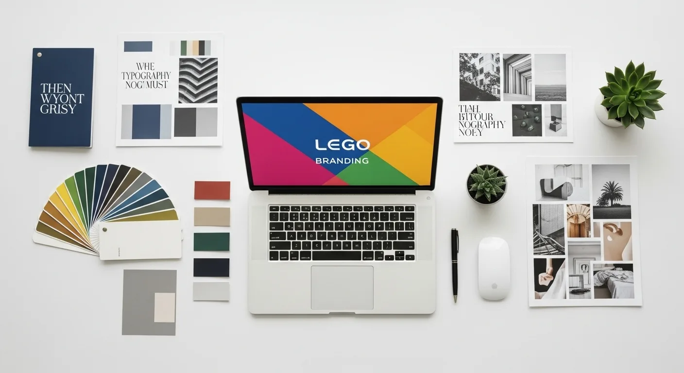 A creative designer’s workspace with a laptop, color palette, typography samples, and branding materials — representing modern graphic design for business growth.