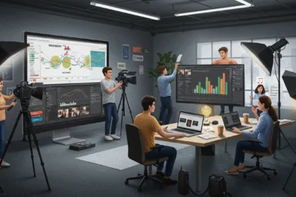 A professional marketing team in a bright creative studio filming and editing a high-quality video advertisement for a business campaign, with monitors showing performance analytics and engagement charts — symbolizing the power of video advertising for business growth in 2025.