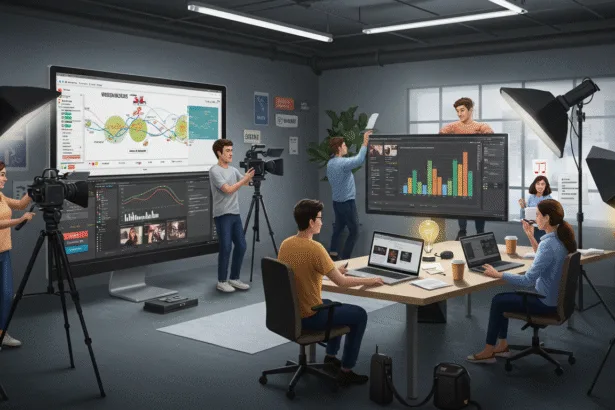 A professional marketing team in a bright creative studio filming and editing a high-quality video advertisement for a business campaign, with monitors showing performance analytics and engagement charts — symbolizing the power of video advertising for business growth in 2025.