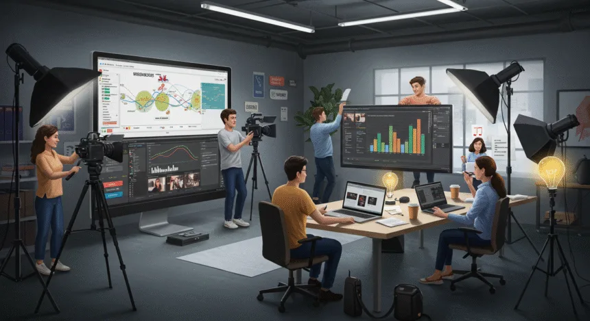 A professional marketing team in a bright creative studio filming and editing a high-quality video advertisement for a business campaign, with monitors showing performance analytics and engagement charts — symbolizing the power of video advertising for business growth in 2025.