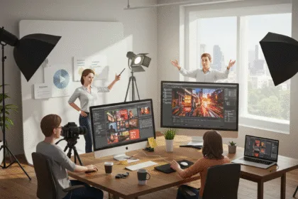 A professional marketing team filming and editing video ads in a modern studio for a 2025 business campaign.
