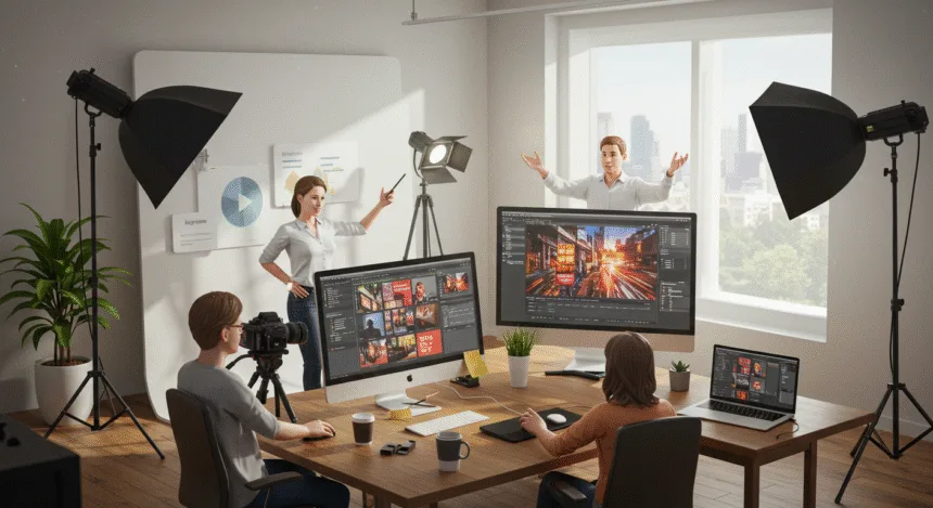 A professional marketing team filming and editing video ads in a modern studio for a 2025 business campaign.