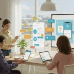 Small business owner reviewing a new mobile app design with developers in a modern office, showing shopping features and customer engagement tools in 2026.