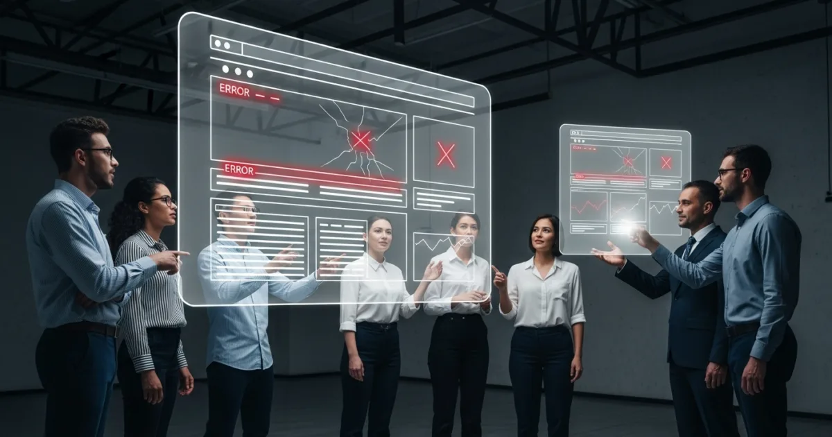 Team of web designers and business owners reviewing broken website layouts on a digital screen, representing costly design mistakes hurting brand growth.