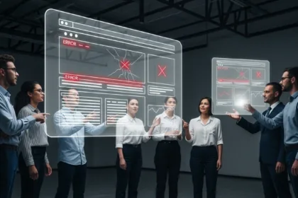 Team of web designers and business owners reviewing broken website layouts on a digital screen, representing costly design mistakes hurting brand growth.
