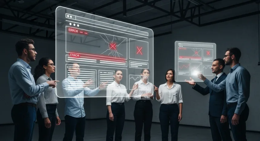 Team of web designers and business owners reviewing broken website layouts on a digital screen, representing costly design mistakes hurting brand growth.