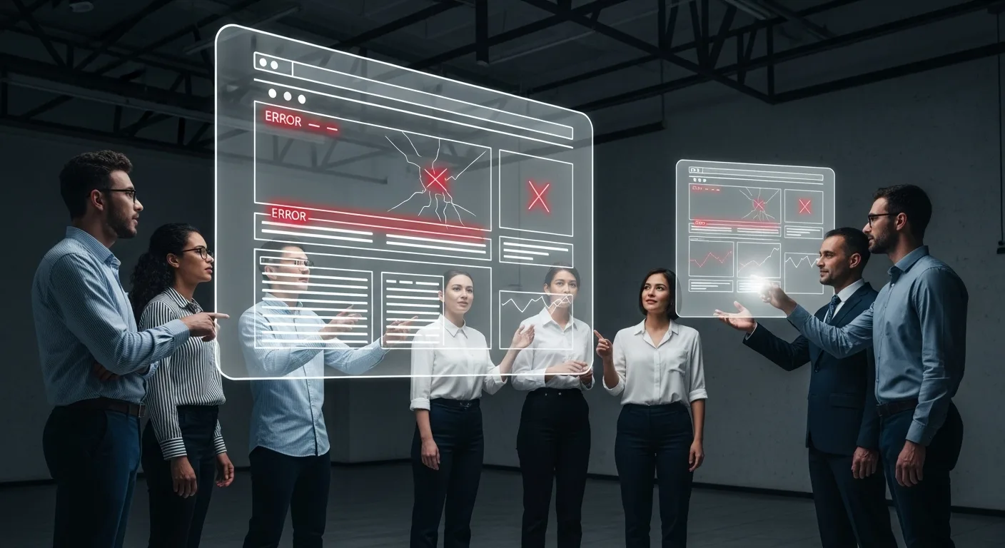 Team of web designers and business owners reviewing broken website layouts on a digital screen, representing costly design mistakes hurting brand growth.