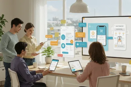 Small business owner reviewing a new mobile app design with developers in a modern office, showing shopping features and customer engagement tools in 2025.