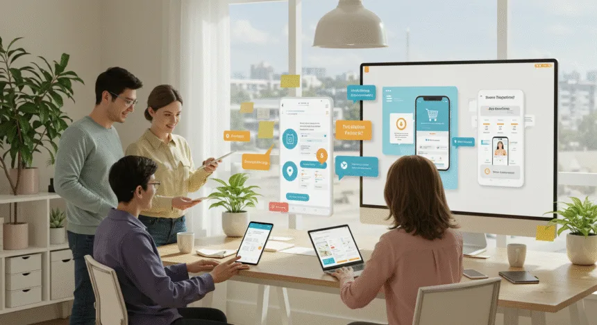 Small business owner reviewing a new mobile app design with developers in a modern office, showing shopping features and customer engagement tools in 2025.