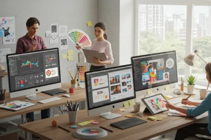 A creative design team in a modern workspace creating professional graphics for business branding in 2025.