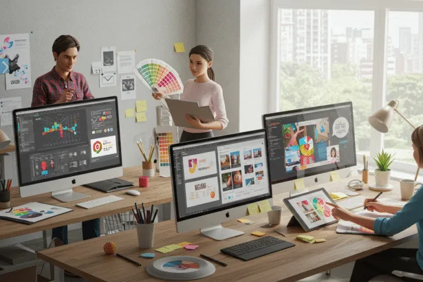 A creative design team in a modern workspace creating professional graphics for business branding in 2025.
