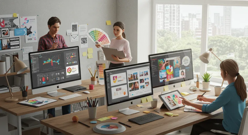 A creative design team in a modern workspace creating professional graphics for business branding in 2025.
