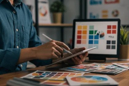 “Graphic designer creating futuristic brand visuals and logo concepts for businesses in 2025.”