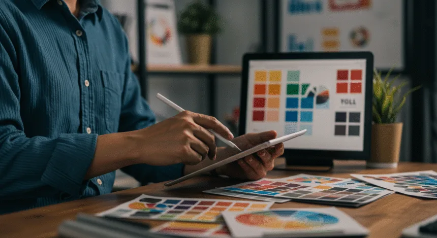 “Graphic designer creating futuristic brand visuals and logo concepts for businesses in 2025.”
