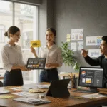 Creative design team developing custom brand graphics for businesses in 2025 inside a modern design studio.
