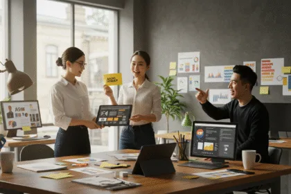 Creative design team developing custom brand graphics for businesses in 2025 inside a modern design studio.
