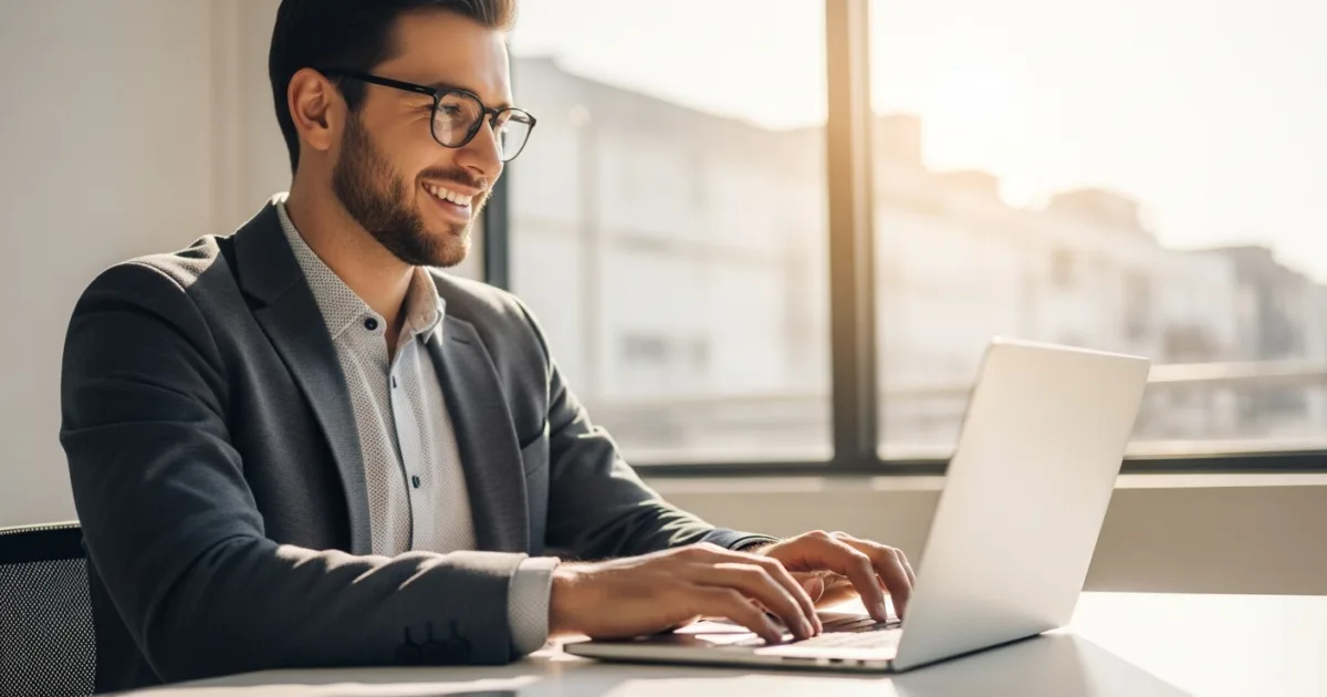 A smiling young professional working on a sleek laptop in a bright, modern workspace filled with natural daylight, symbolizing innovation, creativity, and positive engagement with AI technology.