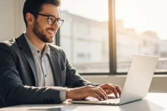 A smiling young professional working on a sleek laptop in a bright, modern workspace filled with natural daylight, symbolizing innovation, creativity, and positive engagement with AI technology.