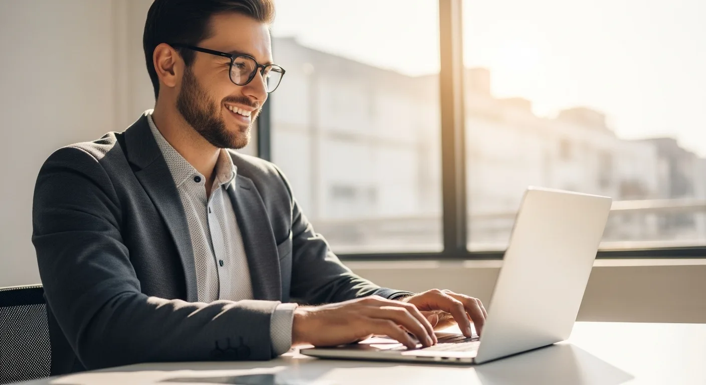 A smiling young professional working on a sleek laptop in a bright, modern workspace filled with natural daylight, symbolizing innovation, creativity, and positive engagement with AI technology.