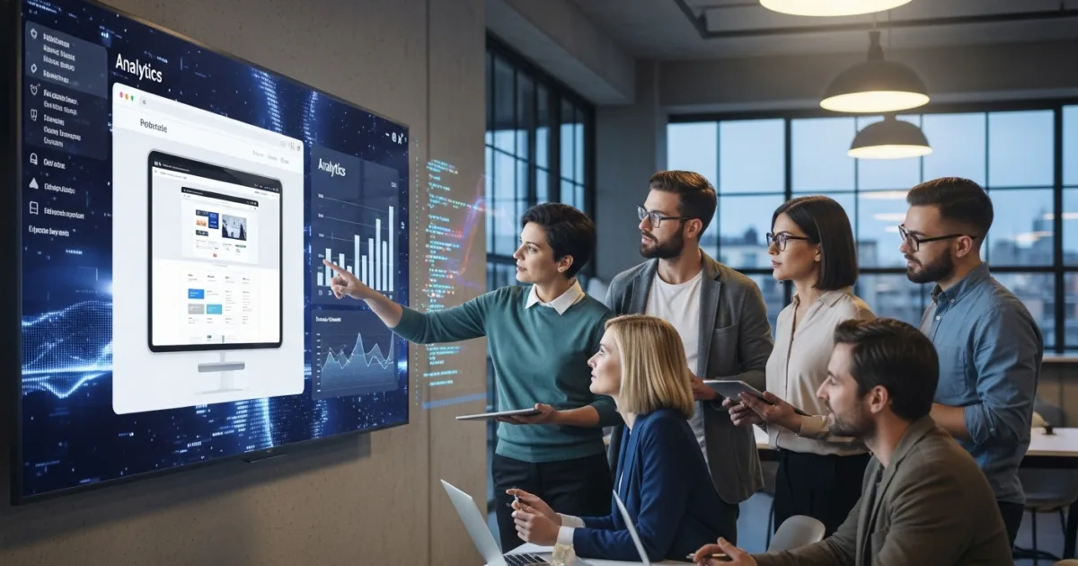 Team of web developers and entrepreneurs collaborating on a modern website with analytics charts showing business growth.
