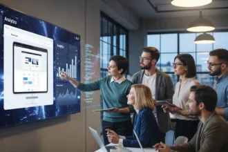 Team of web developers and entrepreneurs collaborating on a modern website with analytics charts showing business growth.