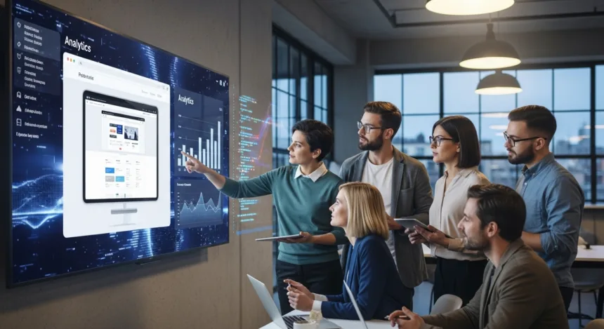 Team of web developers and entrepreneurs collaborating on a modern website with analytics charts showing business growth.