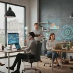 A modern office team using AI automation tools on laptops and dashboards to manage workflows efficiently, symbolizing saving 100+ hours a month with smart technology.