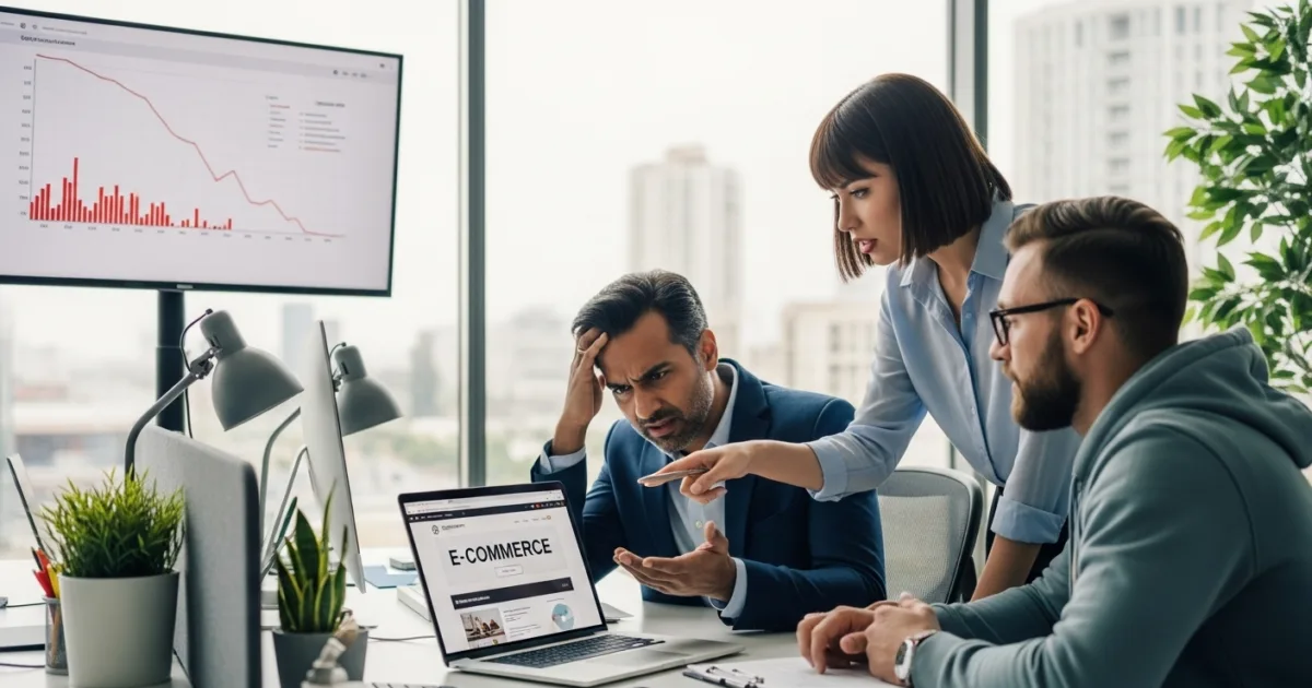 Frustrated business owner and web team analyzing a website’s poor conversion performance in a modern office setting.