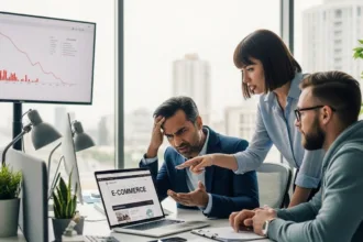 Frustrated business owner and web team analyzing a website’s poor conversion performance in a modern office setting.
