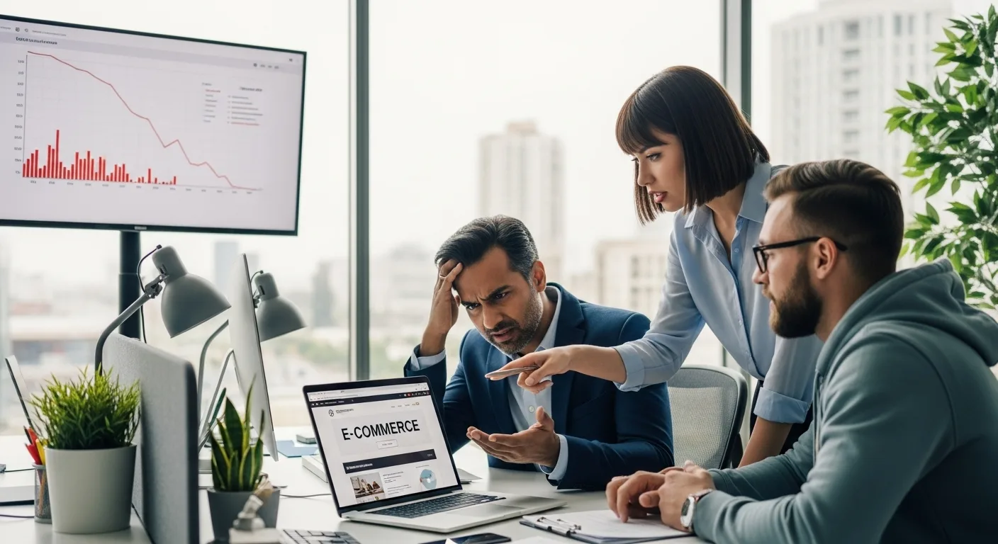 Frustrated business owner and web team analyzing a website’s poor conversion performance in a modern office setting.