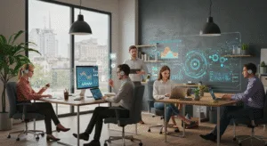 A modern office team using AI automation tools on laptops and dashboards to manage workflows efficiently, symbolizing saving 100+ hours a month with smart technology.